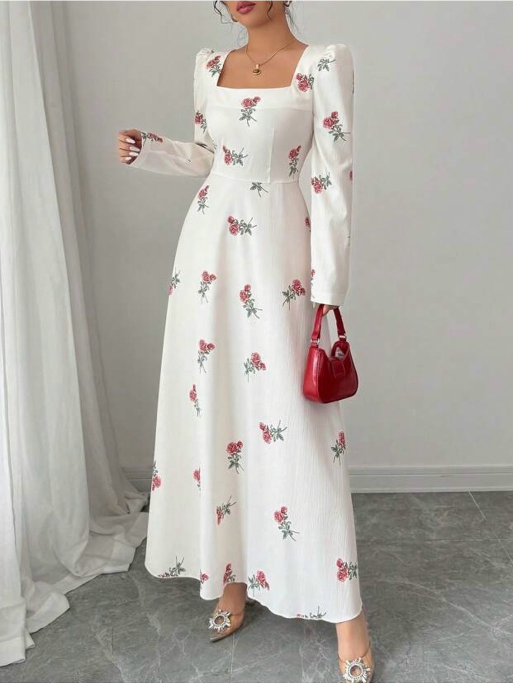 Elegant White Floral Maxi Dress with Square Neck